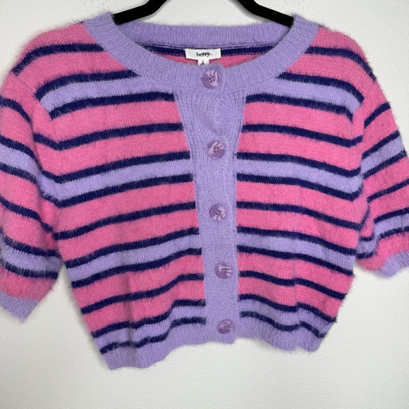 Beivy Short Sleeve Button Down Stripe Purple and Pink Eyelash Knit Sweater Small - Picture 6 of 9